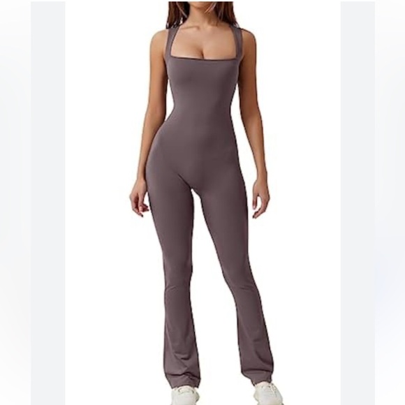 Qinsen Pants - QINSEN Jumpsuit Sleeveless  Square Neck Stretch Flare Leggings Romper Inseam 30